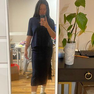 zara knit navy set | high-neck top + ankle-length skirt